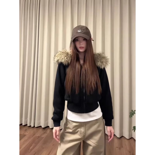 ファーフード パーカー レディース 韓国 ファッション ショート丈 タイト ストレッチ ジップパーカー