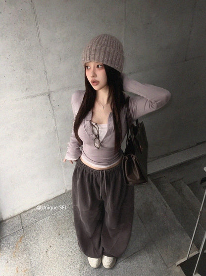 韓国ファッション ヘンリーネック シースルー レイヤード トップス長袖Tシャツ レディース  スリムフィット トップス Y2K グランジ カジュアル