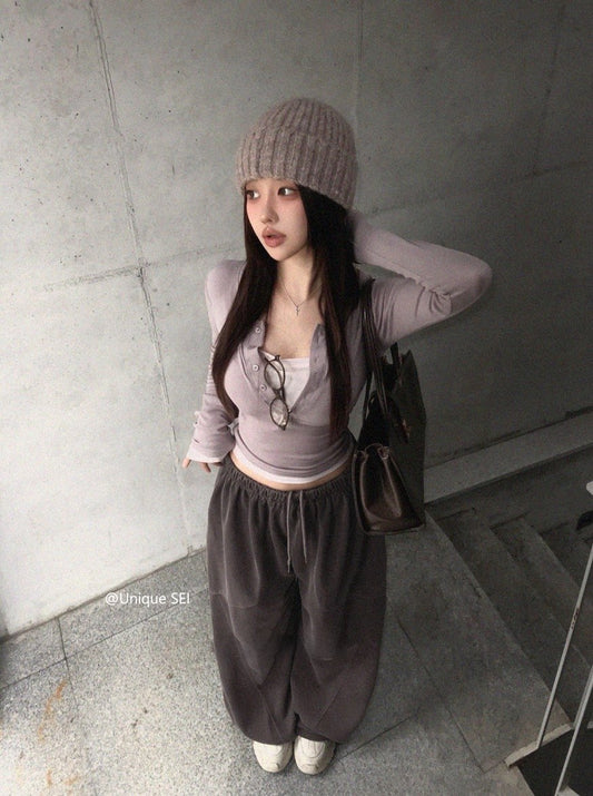 韓国ファッション ヘンリーネック シースルー レイヤード トップス長袖Tシャツ レディース  スリムフィット トップス Y2K グランジ カジュアル