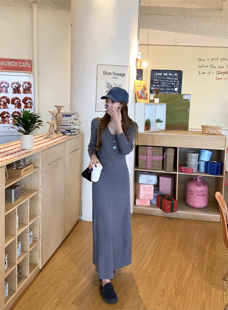 ニット ロングワンピース レディース 春 韓国 ファッション Uネック 細見え Aライン ロングワンピ