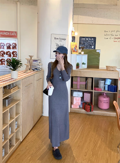 ニット ロングワンピース レディース 春 韓国 ファッション Uネック 細見え Aライン ロングワンピ