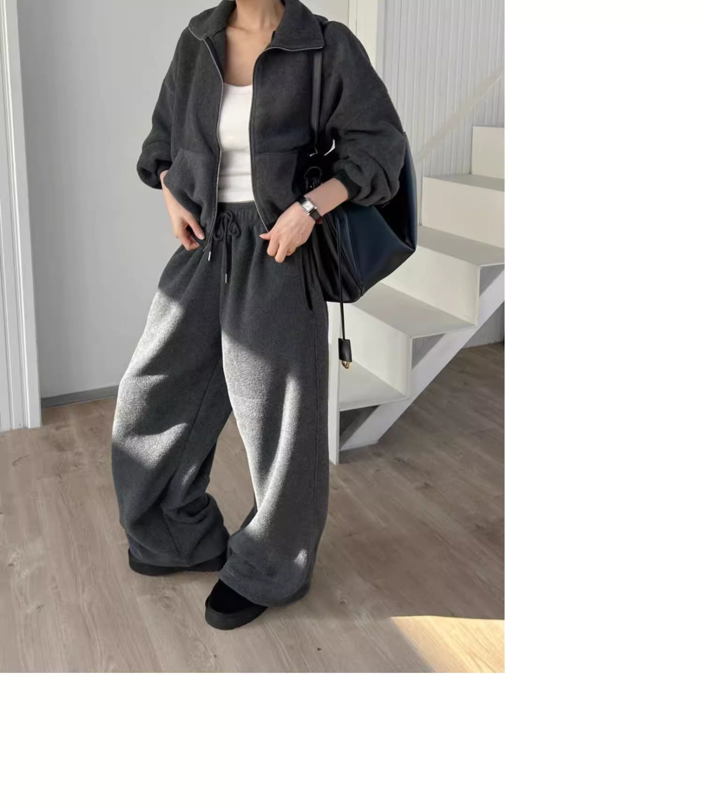 フリース パーカー セットアップ レディース 韓国 ファッション 2025年冬 あったか 上下 ２点 セット スタンドカラー ショート丈 ジップパーカー ドロスト ワイドパンツ