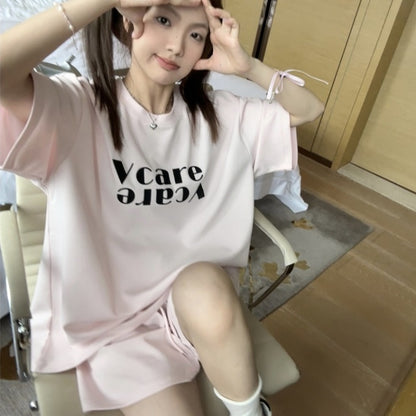 セットアップ レディース 韓国 Tシャツ ショートパンツ 上下セット 夏 ロゴプリント  ハーフパンツ スポーツミックス