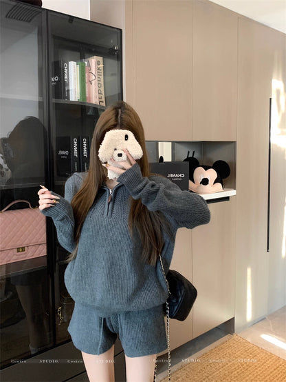 フード ニット セットアップ レディース 韓国 ファッション ニットパーカー ショートパンツ 上下セット