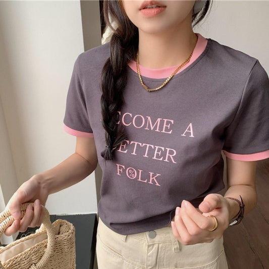 リンガー Ｔシャツ レディース 韓国 ファッション レター ロゴ プリント 夏トップス