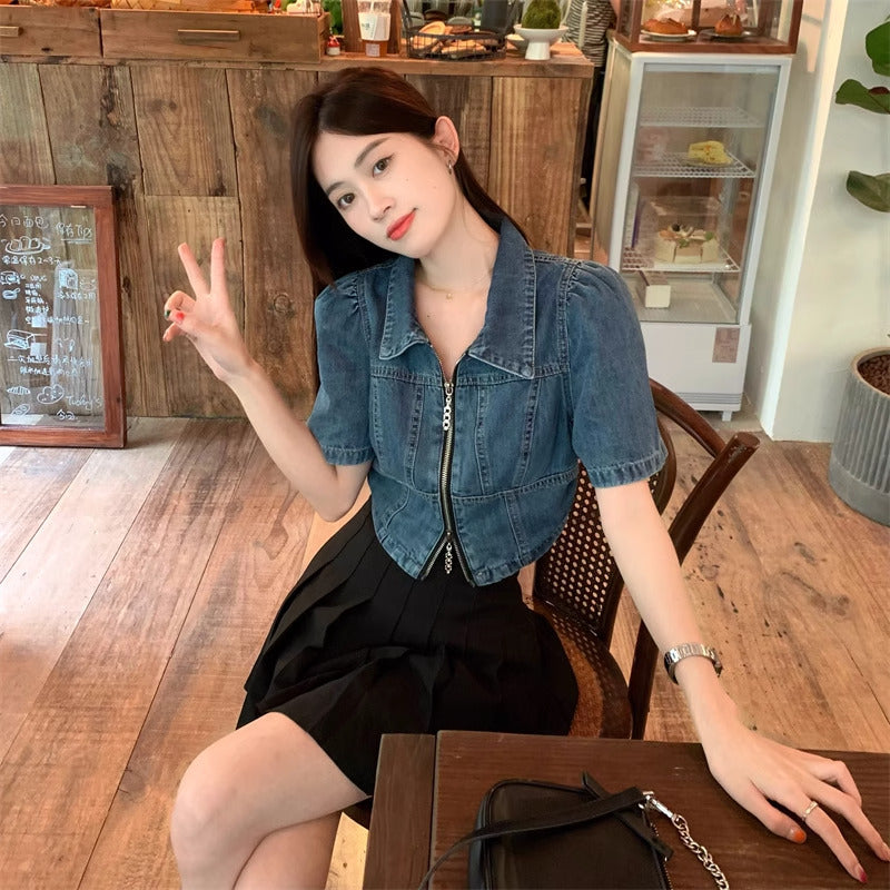 クロップド デニム ジップアップ シャツ 韓国 ファッション 半袖 ジーンズ シャツ ショート丈