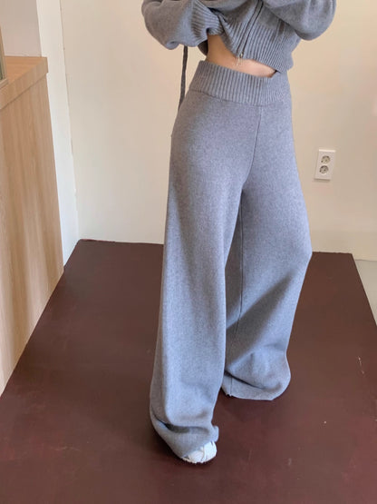 ニット セットアップ クロップド パーカー ワイドパンツ 韓国 ファッション 上下セット ショート丈 フード付きニット