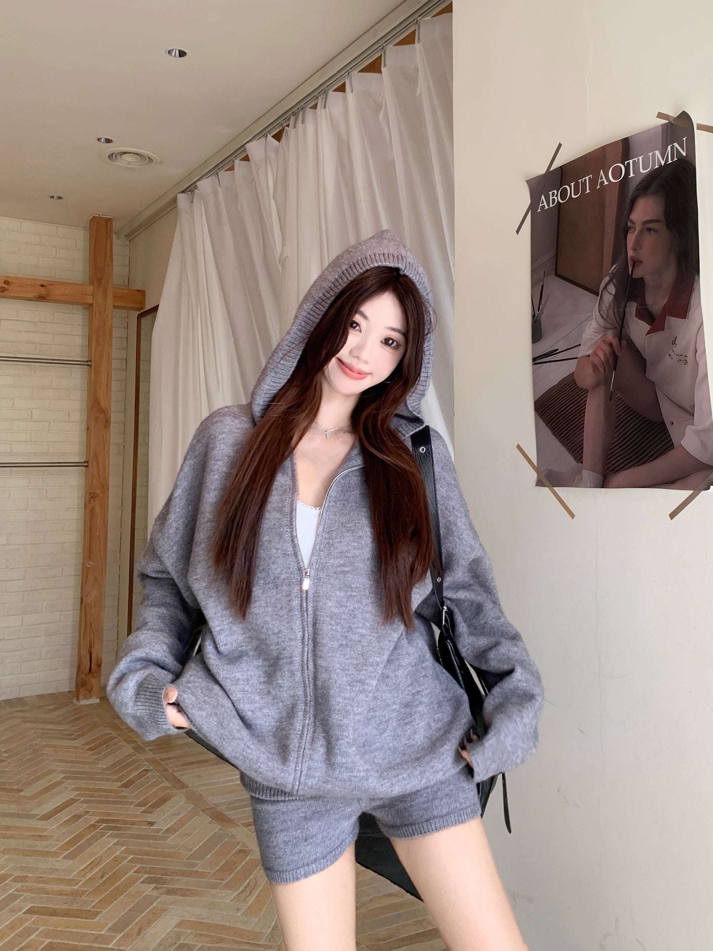 ニット パーカー セットアップ レディース ニット ショートパンツ 上下セット ゆったりフード付き カーディガン ＆ ニットショートパンツ 2点セット