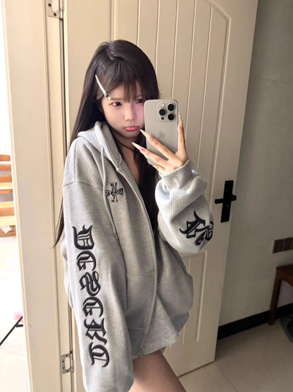 ロゴ ワッフル ジップ パーカー レディース 韓国 ファッション ハイストリート ゴシック ロゴ フード ジップアップパーカー レディース