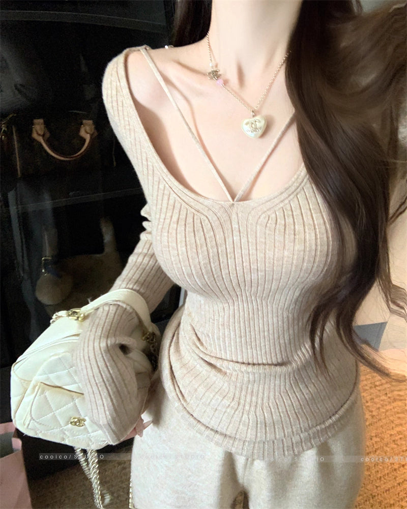 デコルテデザイン リブニット レディース 韓国 ファッション ストレッチ スリムフィット 長袖 ニットトップス