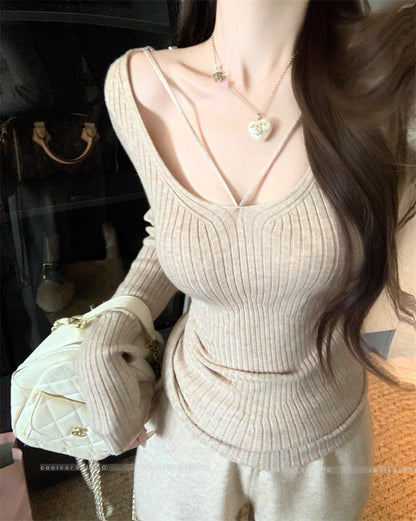 デコルテデザイン リブニット レディース 韓国 ファッション ストレッチ スリムフィット 長袖 ニットトップス