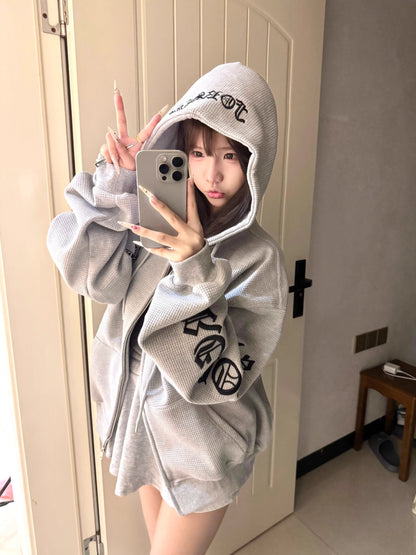 ロゴ ワッフル ジップ パーカー レディース 韓国 ファッション ハイストリート ゴシック ロゴ フード ジップアップパーカー レディース
