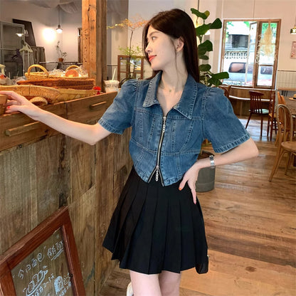 クロップド デニム ジップアップ シャツ 韓国 ファッション 半袖 ジーンズ シャツ ショート丈