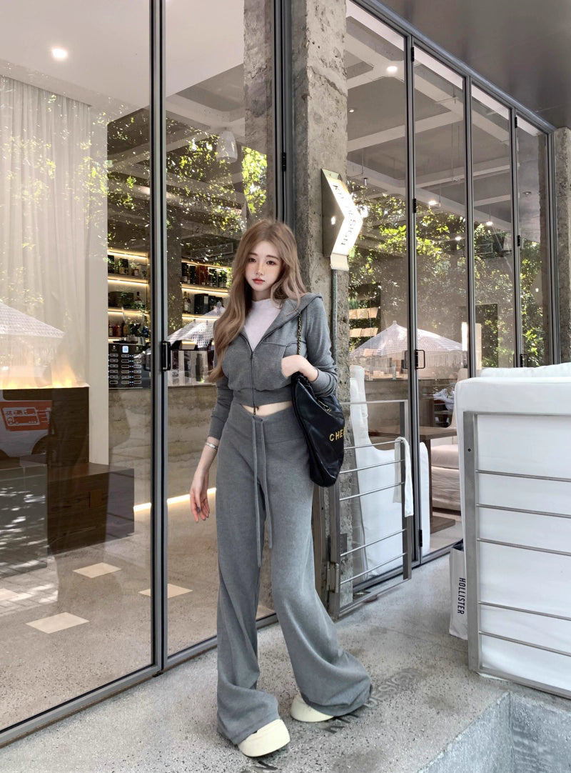 パーカー セットアップ レディース 韓国 ファッション スウェット ショートパーカー レギュラーフィット パンツ 上下セット