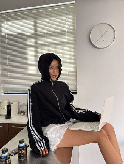 レース ライン ナイロンジャケット韓国 スポーティ ファッション フォード ショート丈 ドローコード 調整 ジャケット