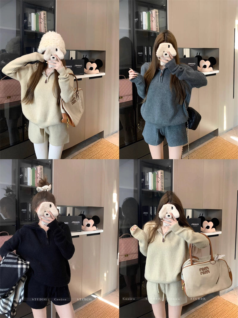 フード ニット セットアップ レディース 韓国 ファッション ニットパーカー ショートパンツ 上下セット
