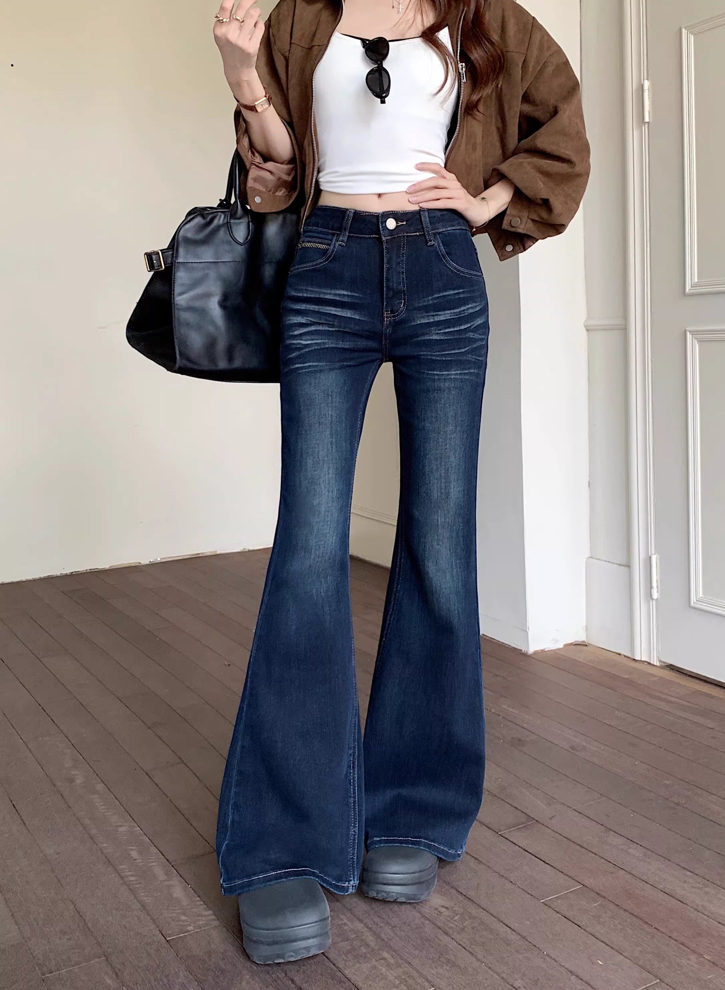 フレア デニムパンツ レディース 韓国 ヴィンテージ ウォッシュ タイトジーンズ