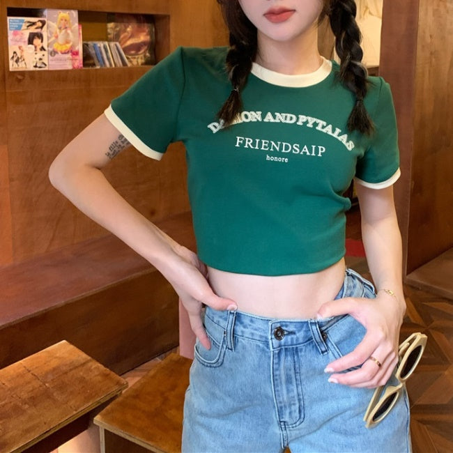 リンガーTシャツ レディース 韓国 クロップド Tシャツ ロゴプリント T