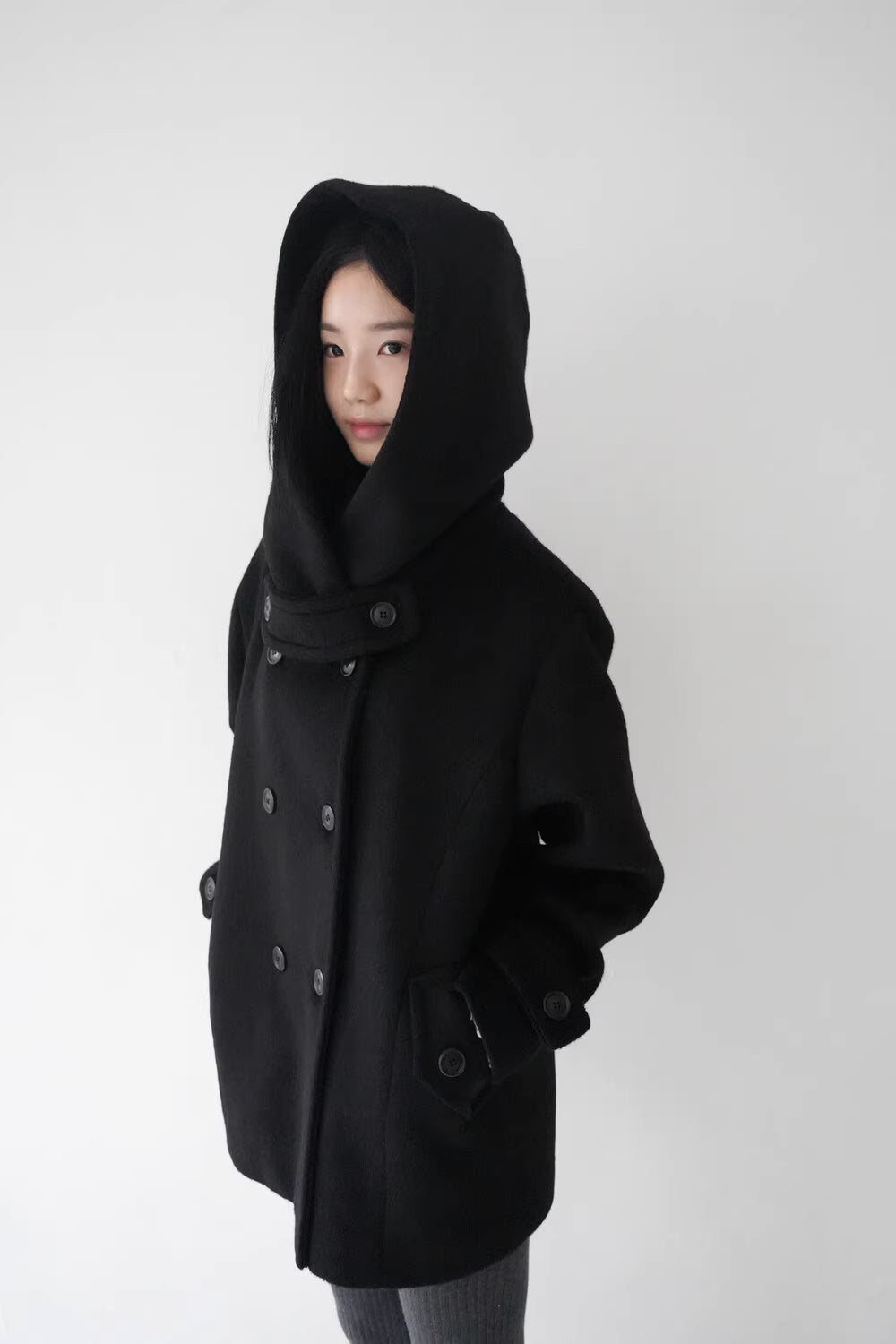 フード付 ミドルコート レディース 韓国ファッション 冬 ダブル Pコート