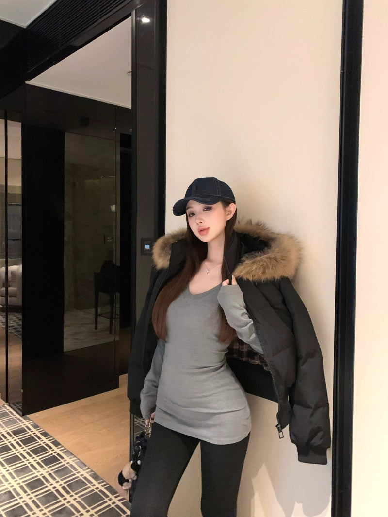 ファーフード ショート パフテック ジャケット 韓国 レトロ  中綿ジャケット 冬用 保温 ジップアップ クロップド丈