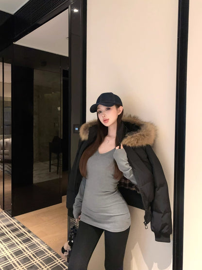 ファーフード ショート パフテック ジャケット 韓国 レトロ  中綿ジャケット 冬用 保温 ジップアップ クロップド丈