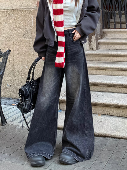 フレア ワイド ブラック デニムパンツ 韓国 ファッション レトロ ヴィンテージ加工 ブラック ジーンズ 秋冬  ゆったり 脚長シルエット