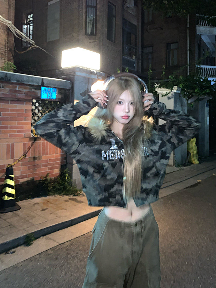 韓国 ファッション 迷彩 ファー フード ショート丈 ジップアップパーカー レディース ストリート Y2K