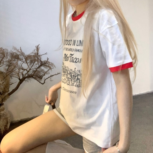 リンガー Ｔシャツ レディース 韓国 ファッション グラフィック tシャツ クルーネック バイカラー 半袖 メッセージＴ