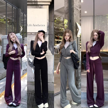 パーカー セットアップ レディース 韓国 ファッション タイト クロップド ジップパーカー スウェットパンツ 上下セット