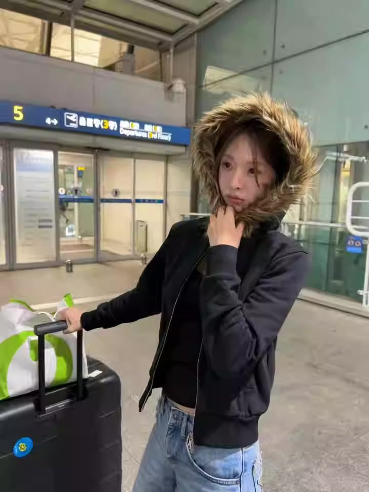 ファーフード ショート パーカー レディース 韓国 ストリート ファッション レッド スウェット フーディ トップス