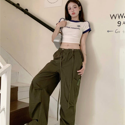 コーデ セットアップ レディース 韓国 クロップド ライン Tシャツ カーゴパンツ 夏コーデ セットアップ ロゴＴシャツ 半袖 ロングパンツ ワークパンツ ワイドフィット カーキパンツ