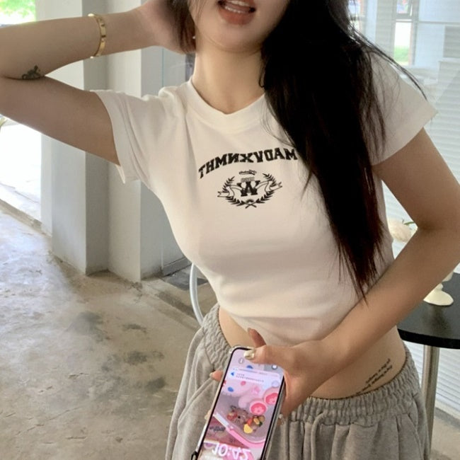 クロップド Tシャツ レディース 韓国 ファッション ストレッチ ロゴ