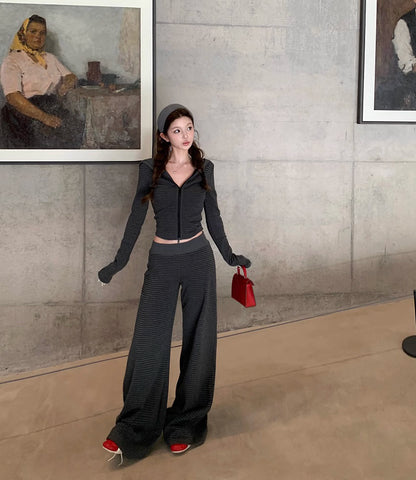 ボーダー ジップパーカー セットアップ レディース リラックス ストレッチ クロップド パーカー ワイドパンツ スウェット 上下セット