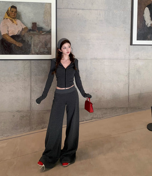 ボーダー ジップパーカー セットアップ レディース リラックス ストレッチ クロップド パーカー ワイドパンツ スウェット 上下セット