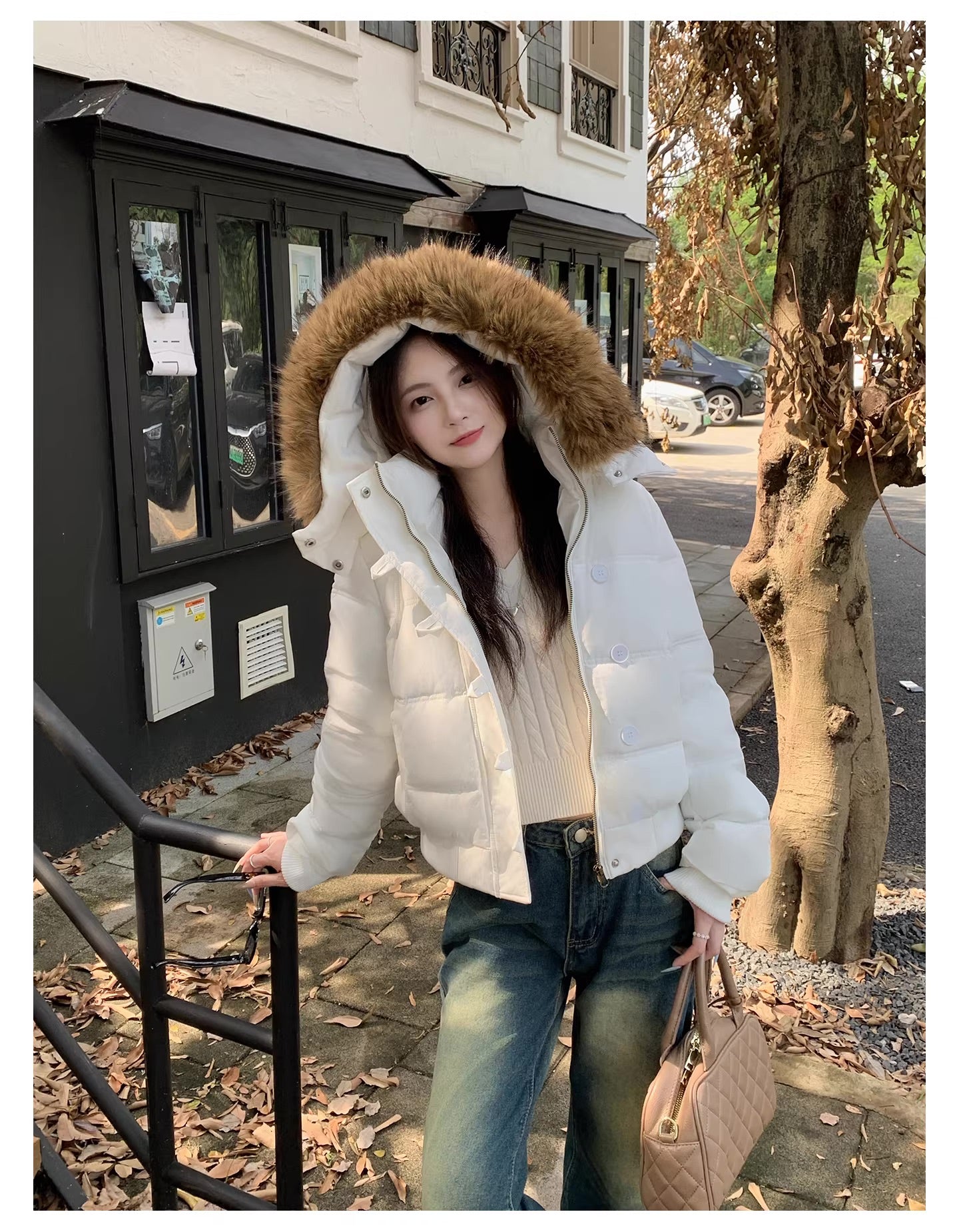 ファーフード ショート パファージャケット レディース 韓国 ファッション パテッド ショート フーディ
