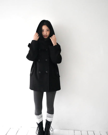 フード付 ミドルコート レディース 韓国ファッション 冬 ダブル Pコート