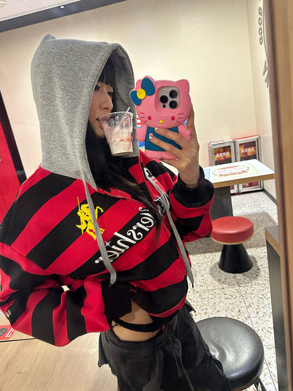 CGGA American Letter Print Contrast Striped Hooded Cardigan Sweatshirt Men's and Women's Spring and Autumn Loose Casual Versatile Jacket