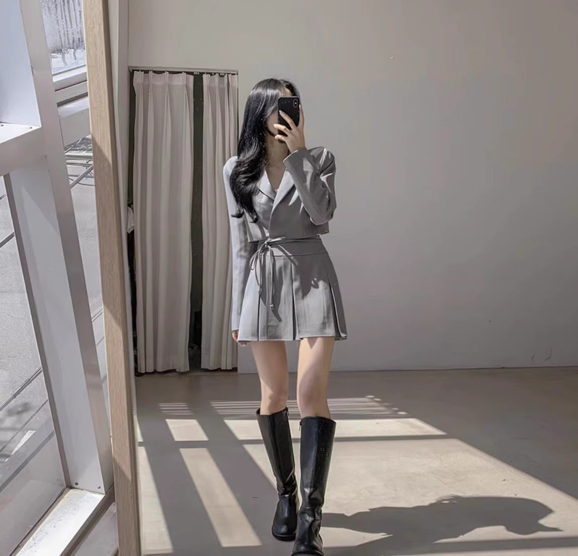 韓国風 ショートジャケット セットアップ レディース プリーツミニスカート 2点セット リボン クロップド JKT