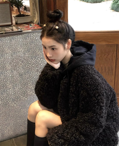 ノーカラー ボアジャケット ブラック 韓国 ファッション オーバーサイズ ボア ジップジャケット