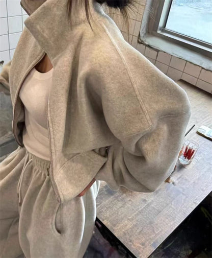 フリース パーカー セットアップ レディース 韓国 ファッション 2025年冬 あったか 上下 ２点 セット スタンドカラー ショート丈 ジップパーカー ドロスト ワイドパンツ