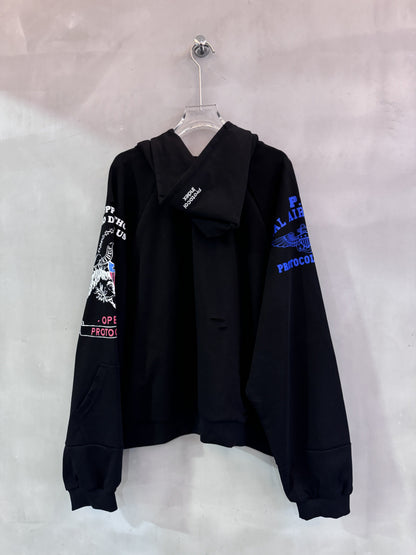韓国ファッション オーバーサイズ ロゴジップパーカー レディース ストリート グラフィック フード付き 長袖 ブラック