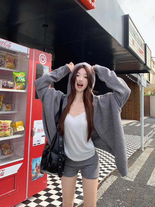 ニット パーカー セットアップ レディース ニット ショートパンツ 上下セット ゆったりフード付き カーディガン ＆ ニットショートパンツ 2点セット