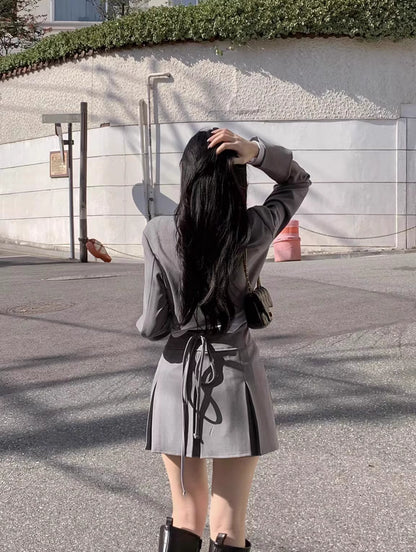 韓国風 ショートジャケット セットアップ レディース プリーツミニスカート 2点セット リボン クロップド JKT