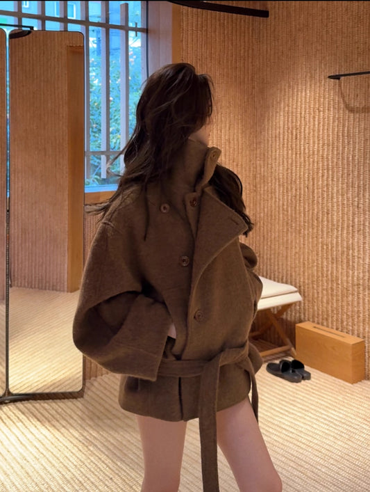 ダブルボタン ショートコート ウエストマーク レディース ウールライク きれいめ コート