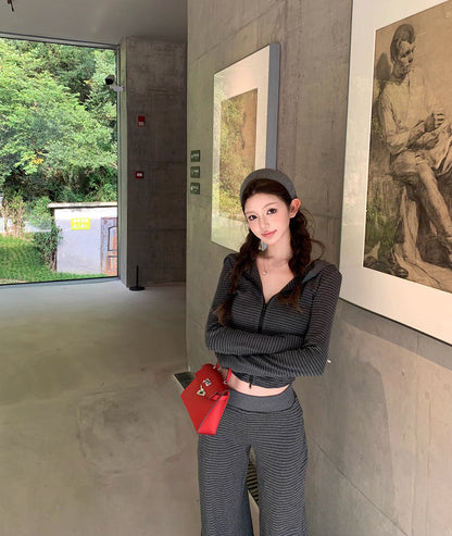 ボーダー ジップパーカー セットアップ レディース リラックス ストレッチ クロップド パーカー ワイドパンツ スウェット 上下セット