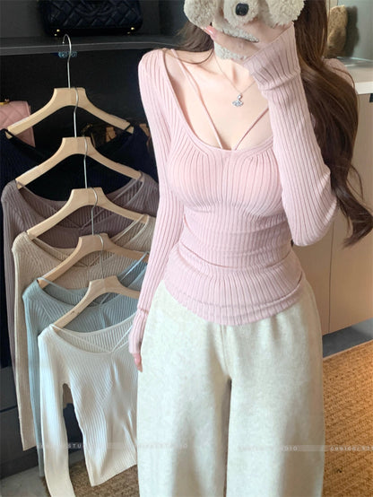 デコルテデザイン リブニット レディース 韓国 ファッション ストレッチ スリムフィット 長袖 ニットトップス