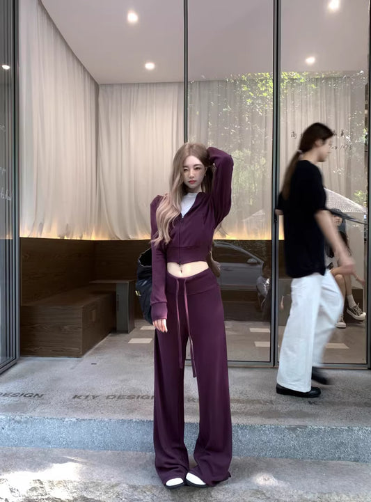 パーカー セットアップ レディース 韓国 ファッション タイト クロップド ジップパーカー スウェットパンツ 上下セット