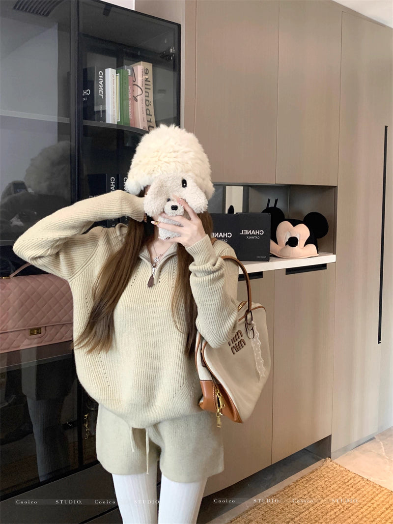 フード ニット セットアップ レディース 韓国 ファッション ニットパーカー ショートパンツ 上下セット