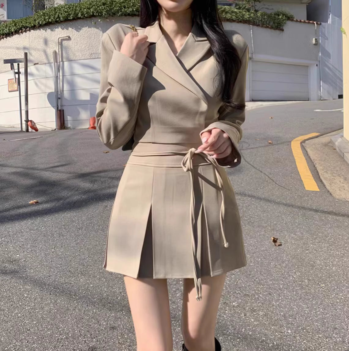 韓国風 ショートジャケット セットアップ レディース プリーツミニスカート 2点セット リボン クロップド JKT