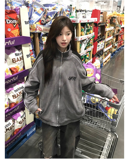 トラック ジャケット 春 ベロア調 ジャージ トップ 韓国 ファッション ストリート ラグランスリーブ オーバーサイズ ブルゾン